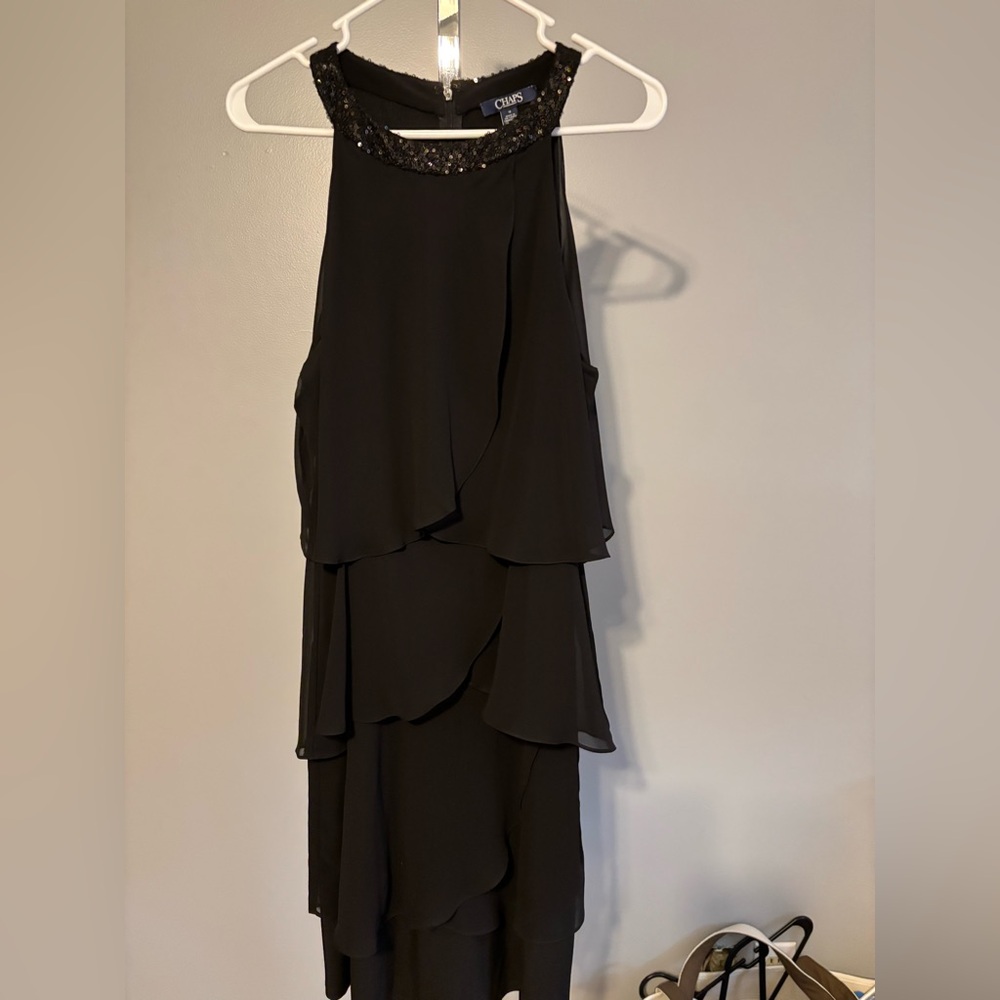 Chaps black dress soft layers over sheath dress beaded neck line sleeveless 16